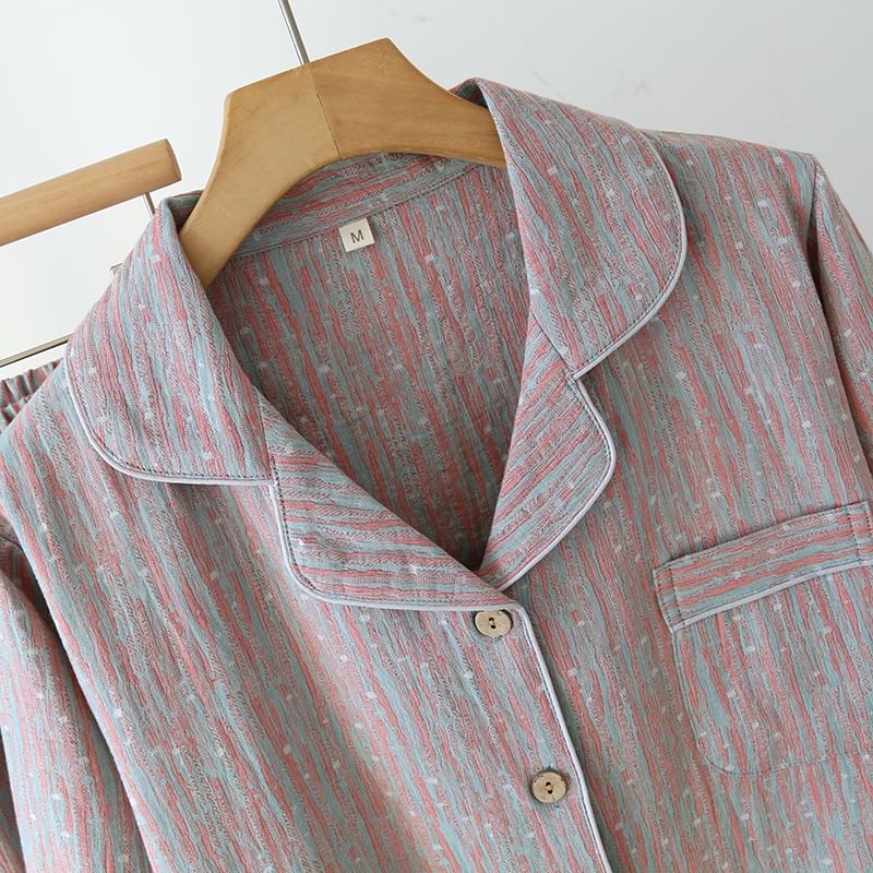 Couple Matching Pajama Set: Long Sleeve Collared Patterned Shirt + Elastic Waist Straight Leg Pants (Various Designs)