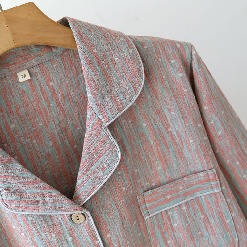 Couple Matching Pajama Set: Long Sleeve Collared Patterned Shirt + Elastic Waist Straight Leg Pants (Various Designs)