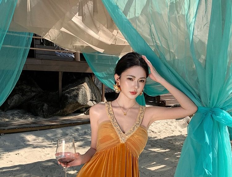 Velvet A-Line Maxi Dress - Sleeveless