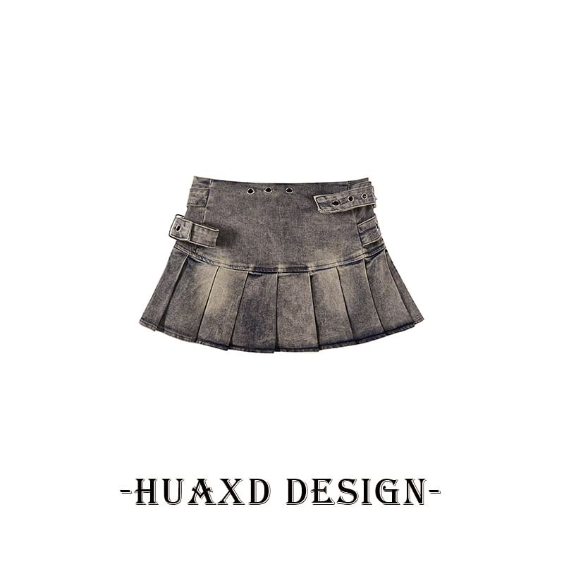 Washed Pleated Denim Mini A-Line Skirt with Belt Set
