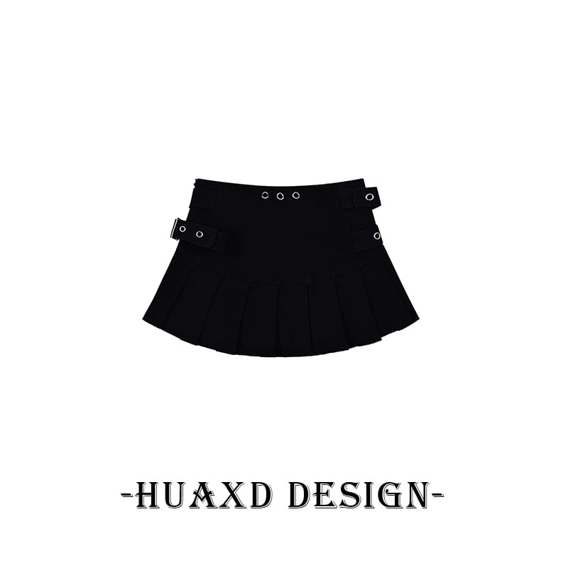 Washed Pleated Denim Mini A-Line Skirt with Belt Set