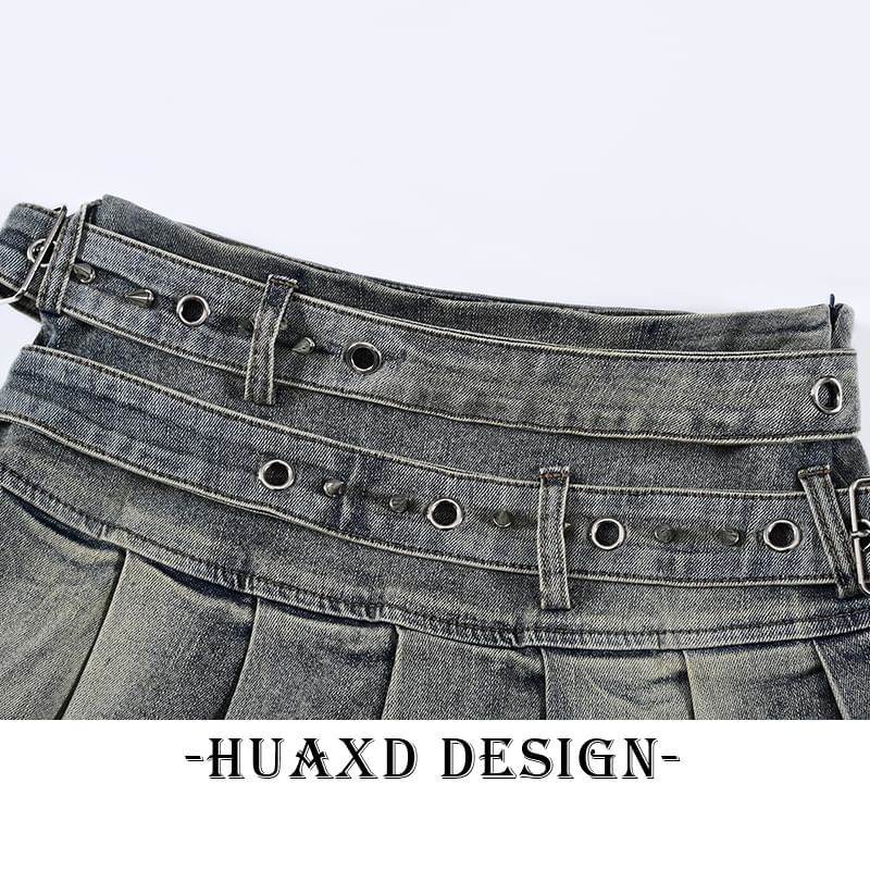Washed Pleated Denim Mini A-Line Skirt with Belt Set