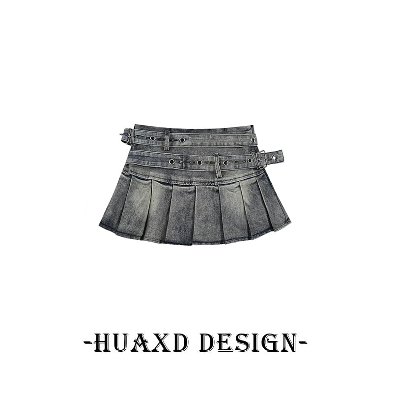 Washed Pleated Denim Mini A-Line Skirt with Belt Set