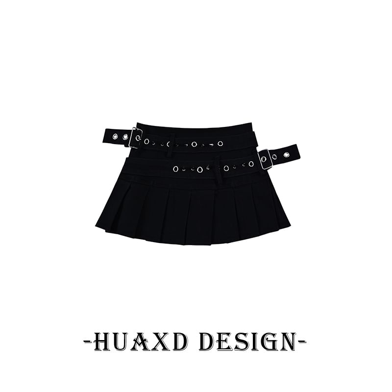 Washed Pleated Denim Mini A-Line Skirt with Belt Set