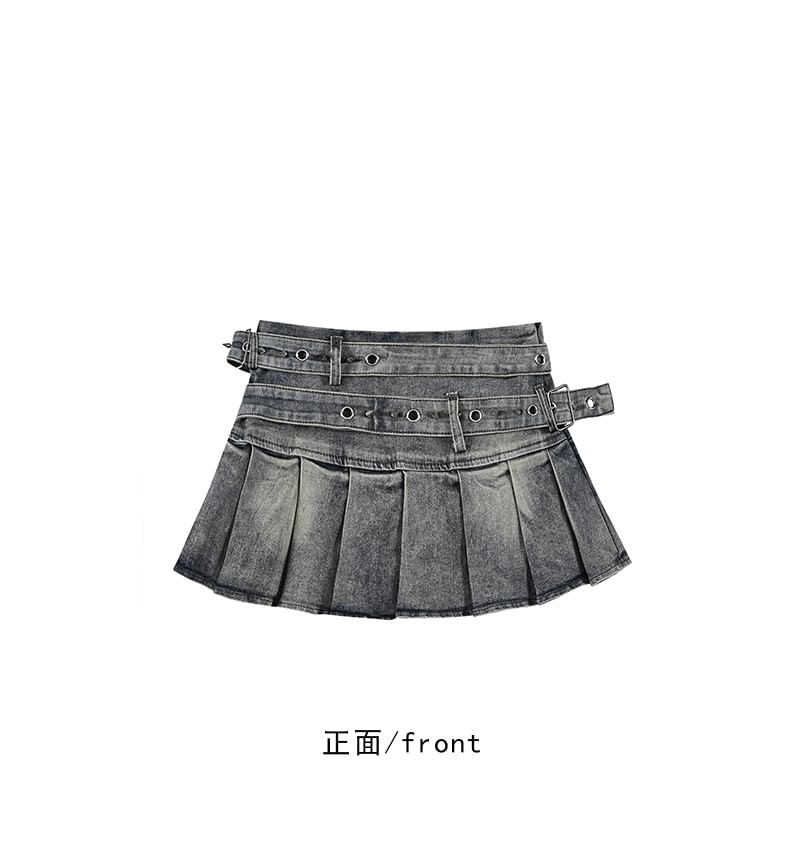 Washed Pleated Denim Mini A-Line Skirt with Belt Set