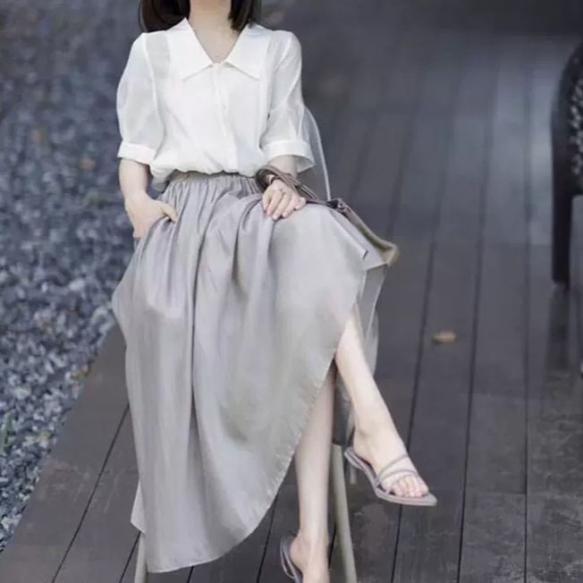 Short-Sleeve Shirt Paired with High-Rise Maxi A-Line Skirt Set