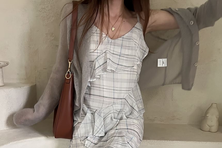 Plaid Ruffle A-Line Maxi Dress - V-Neck Spaghetti Strap