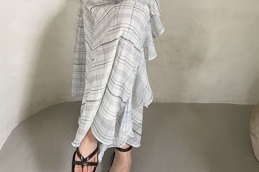 Plaid Ruffle A-Line Maxi Dress - V-Neck Spaghetti Strap