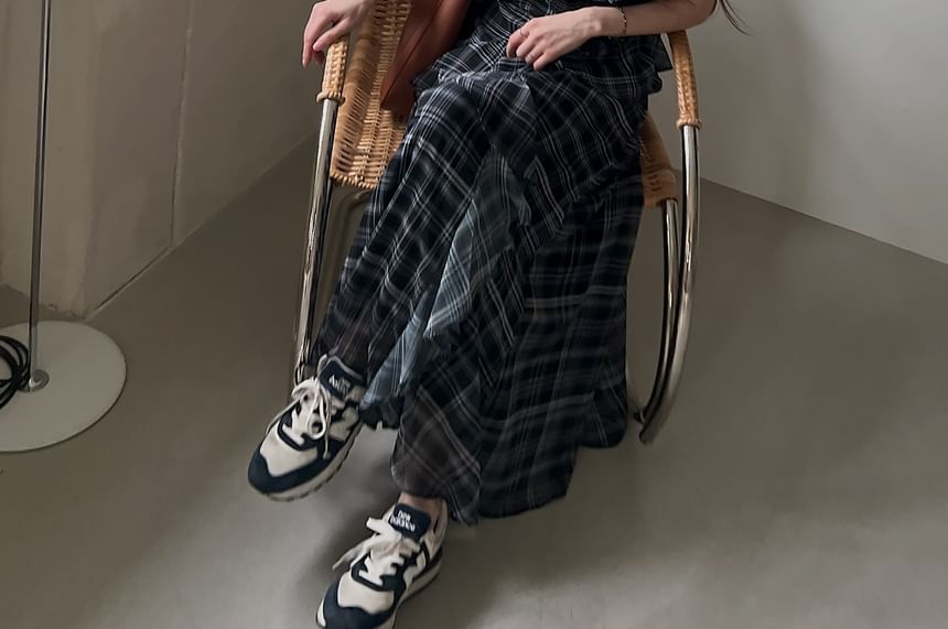 Plaid Ruffle A-Line Maxi Dress - V-Neck Spaghetti Strap
