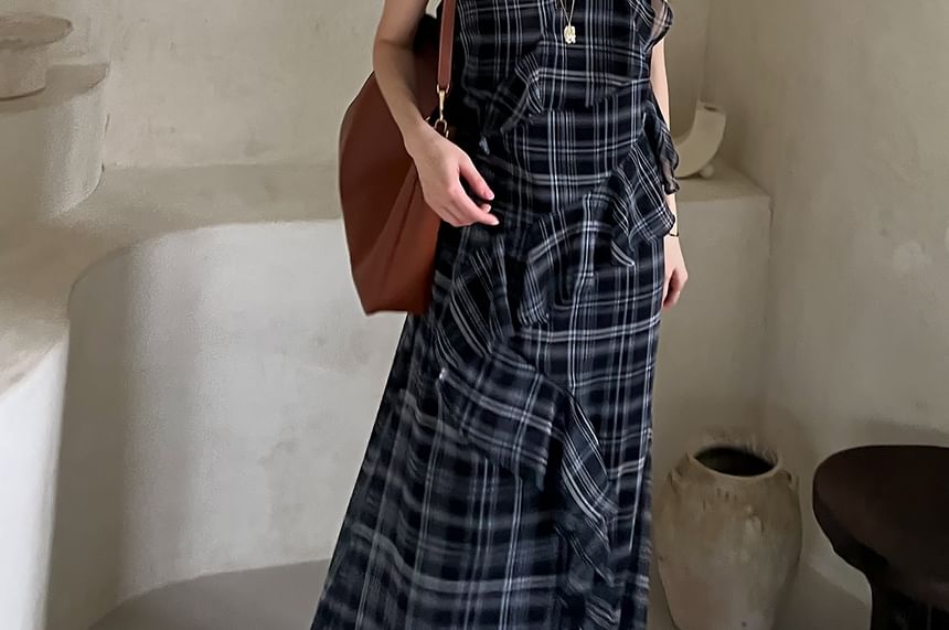 Plaid Ruffle A-Line Maxi Dress - V-Neck Spaghetti Strap