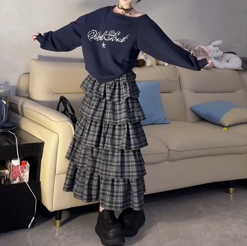 Tiered Midi Skirt with Plaid Pattern and High Rise