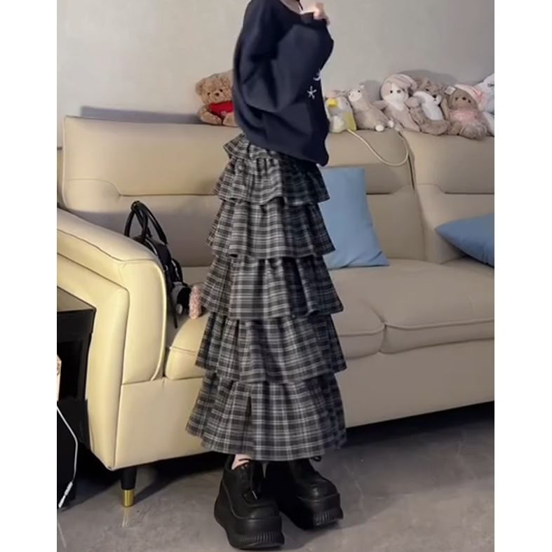 Tiered Midi Skirt with Plaid Pattern and High Rise