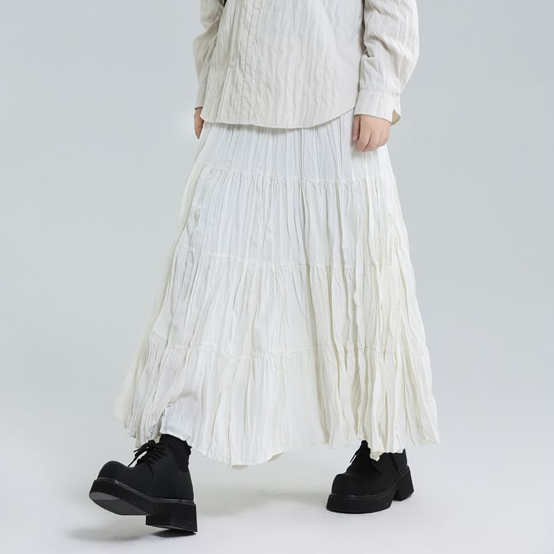 Elasticated Waist Tiered Midi A-Line Skirt with Ruched Detail
