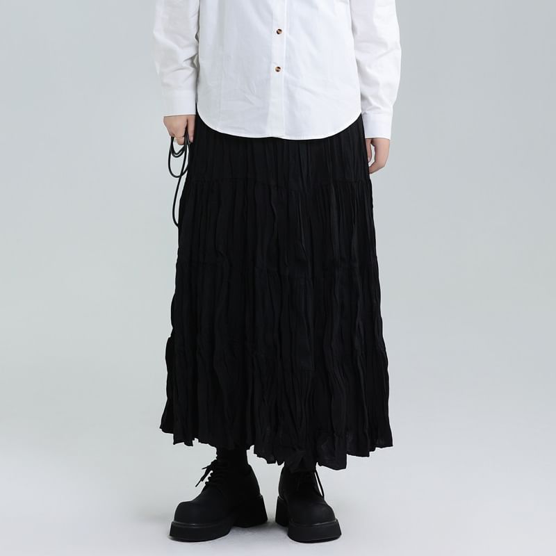 Elasticated Waist Tiered Midi A-Line Skirt with Ruched Detail