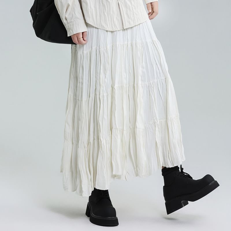 Elasticated Waist Tiered Midi A-Line Skirt with Ruched Detail