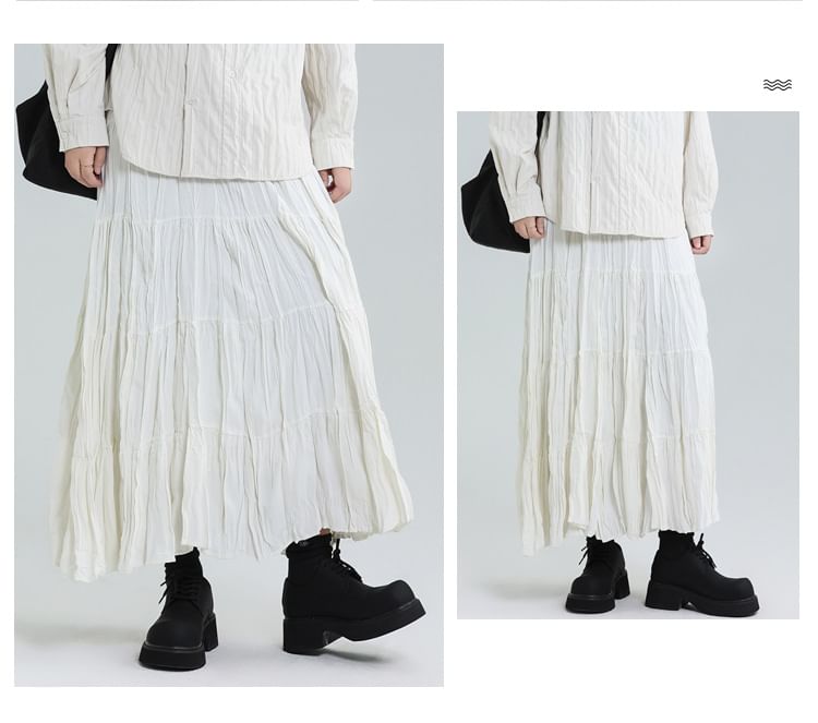 Elasticated Waist Tiered Midi A-Line Skirt with Ruched Detail