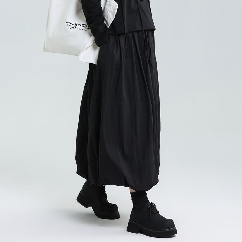 Bubble Hem Midi A-Line Skirt with Elastic Waist