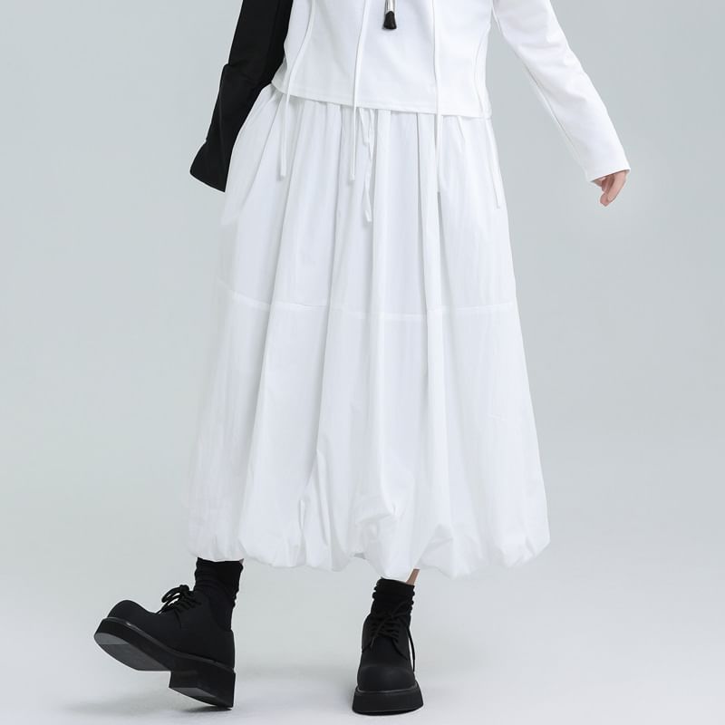 Bubble Hem Midi A-Line Skirt with Elastic Waist