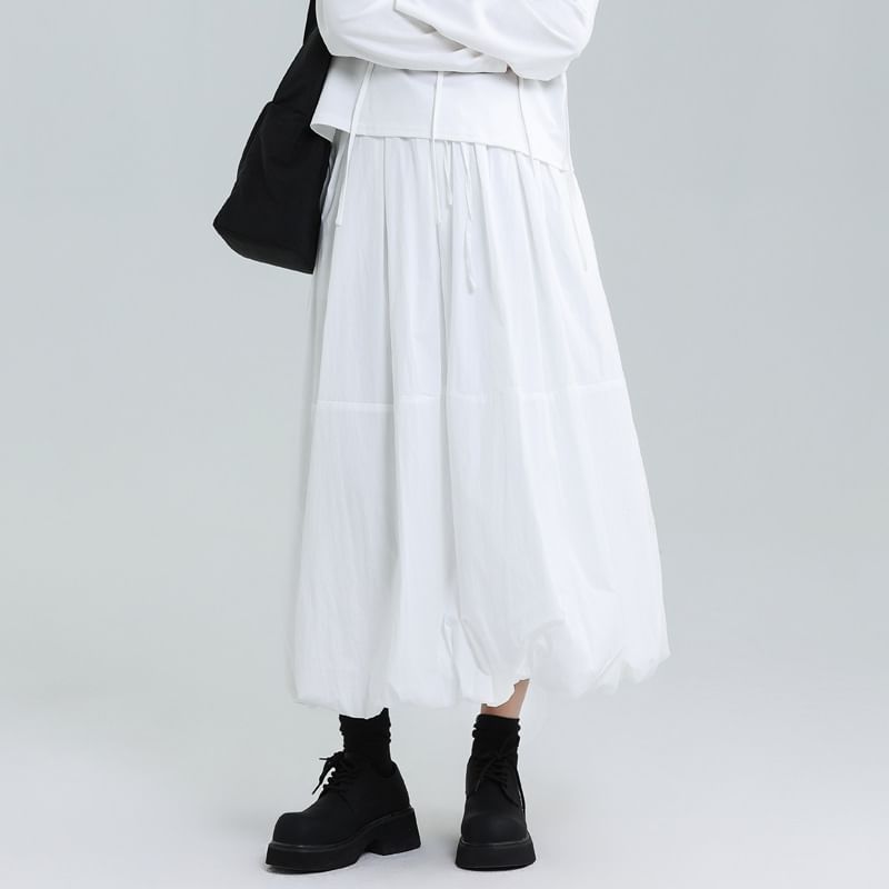 Bubble Hem Midi A-Line Skirt with Elastic Waist