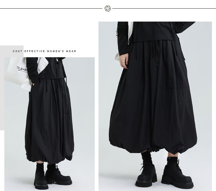 Bubble Hem Midi A-Line Skirt with Elastic Waist