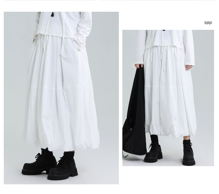 Bubble Hem Midi A-Line Skirt with Elastic Waist