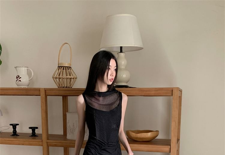 Mesh A-Line Maxi Dress - Crewneck Sleeveless