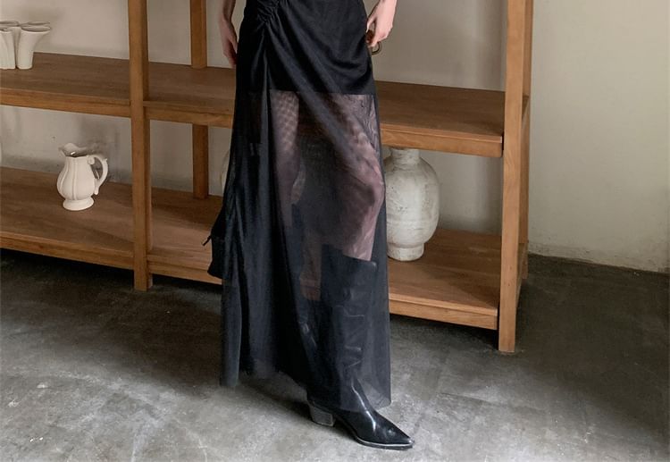 Mesh A-Line Maxi Dress - Crewneck Sleeveless