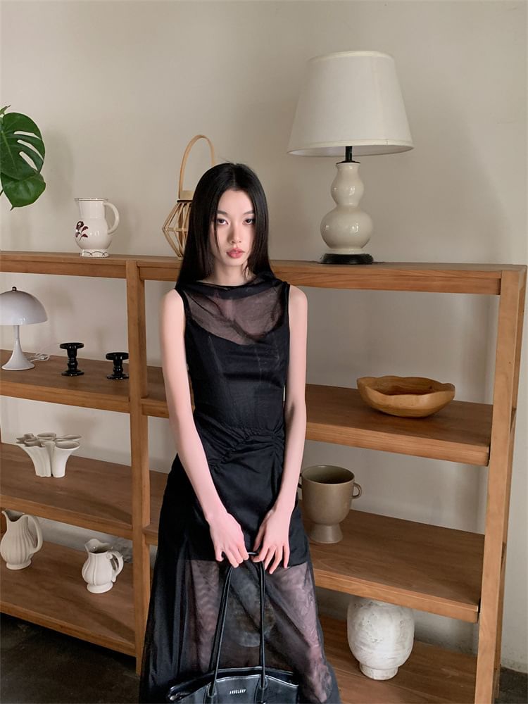 Mesh A-Line Maxi Dress - Crewneck Sleeveless