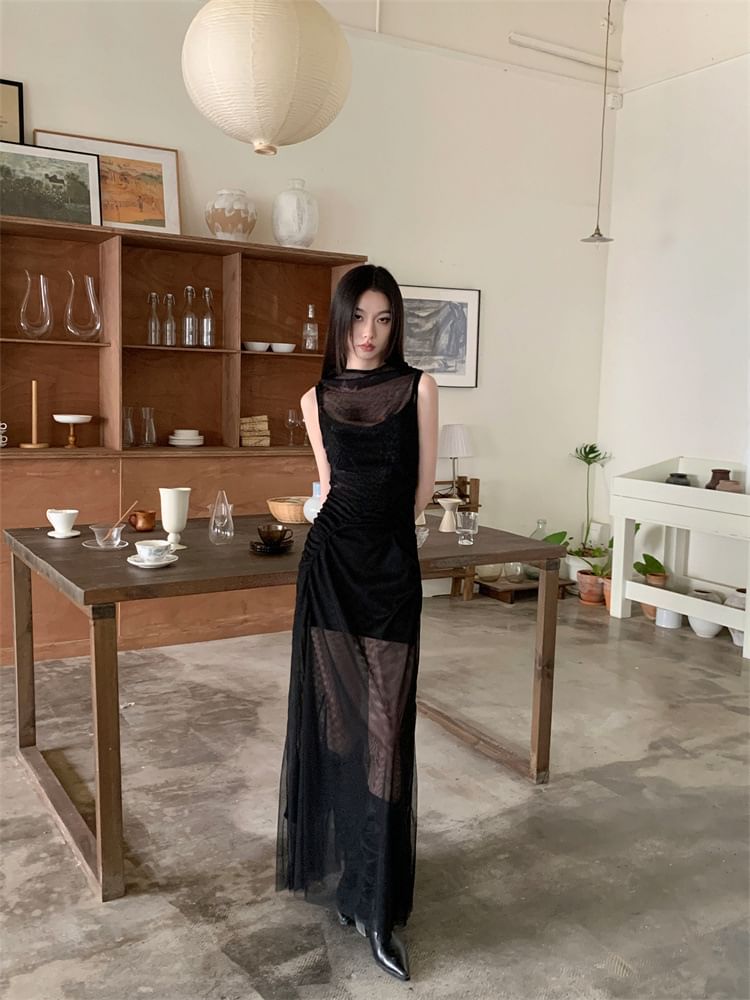 Mesh A-Line Maxi Dress - Crewneck Sleeveless