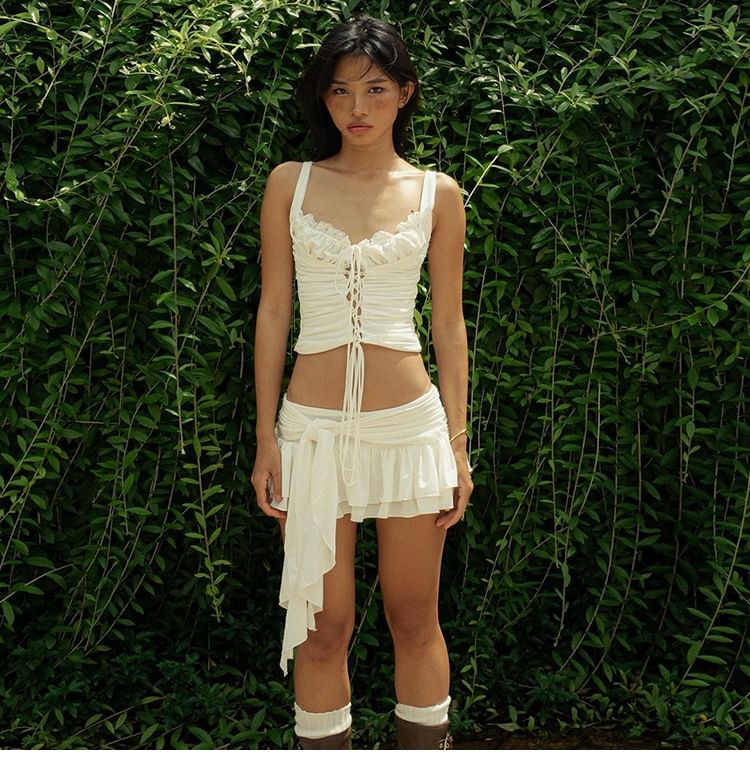 V-Neck Ruched Lace-Up Camisole with Ruffle Mini A-Line Skirt