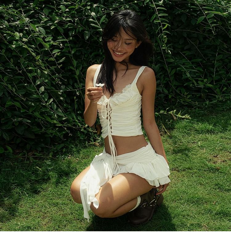 V-Neck Ruched Lace-Up Camisole with Ruffle Mini A-Line Skirt