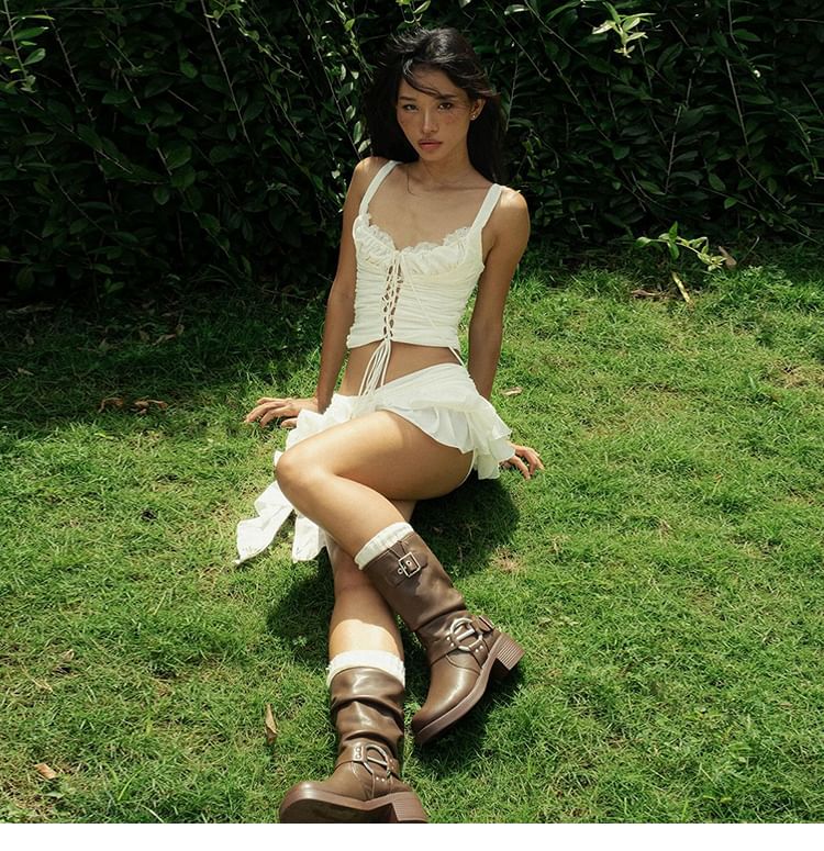 V-Neck Ruched Lace-Up Camisole with Ruffle Mini A-Line Skirt