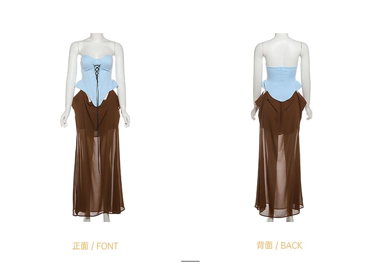 Lace Up Two Tone Mesh A-Line Dress - Tube Sleeveless