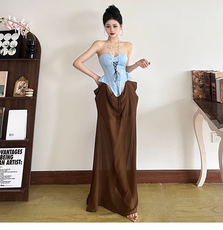 Lace Up Two Tone Mesh A-Line Dress - Tube Sleeveless