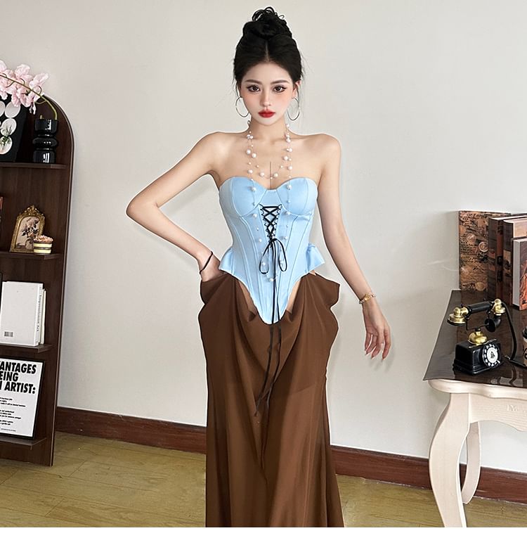 Lace Up Two Tone Mesh A-Line Dress - Tube Sleeveless