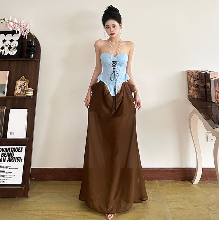 Lace Up Two Tone Mesh A-Line Dress - Tube Sleeveless