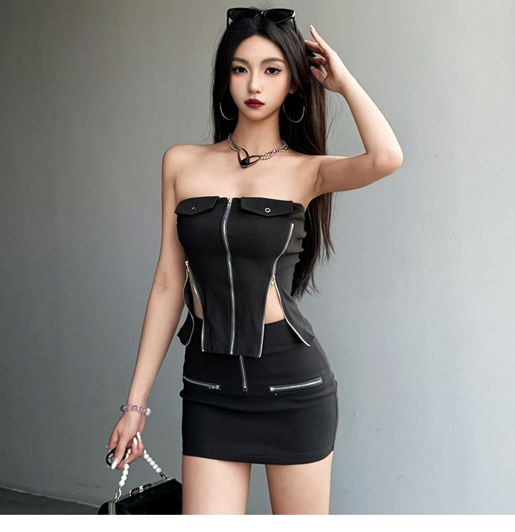 Zip-Front Tube Top with High-Rise Mini Pencil Skirt