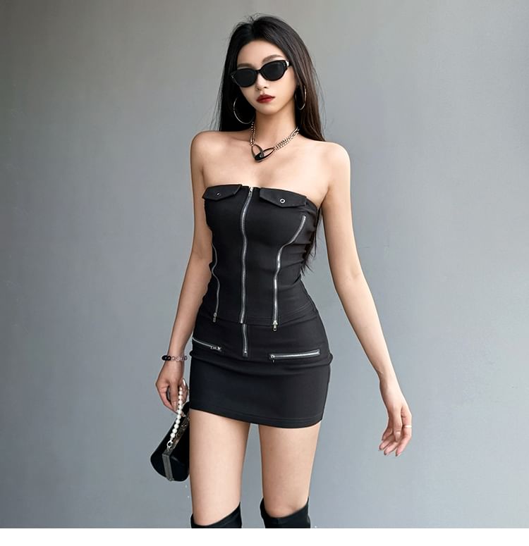 Zip-Front Tube Top with High-Rise Mini Pencil Skirt