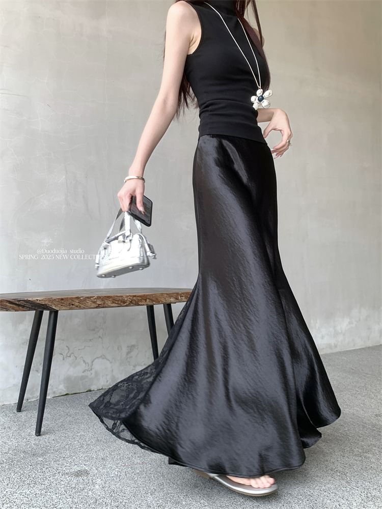 Satin Fishtail Midi Skirt with Lace Panel and High Waist
