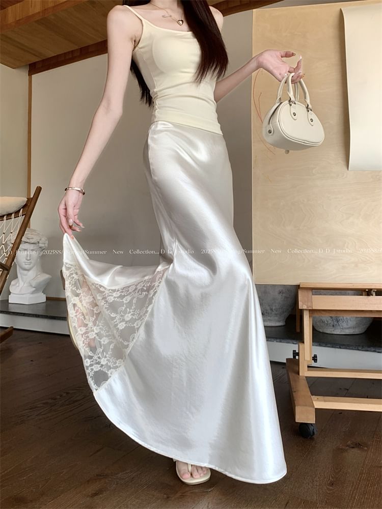 Satin Fishtail Midi Skirt with Lace Panel and High Waist