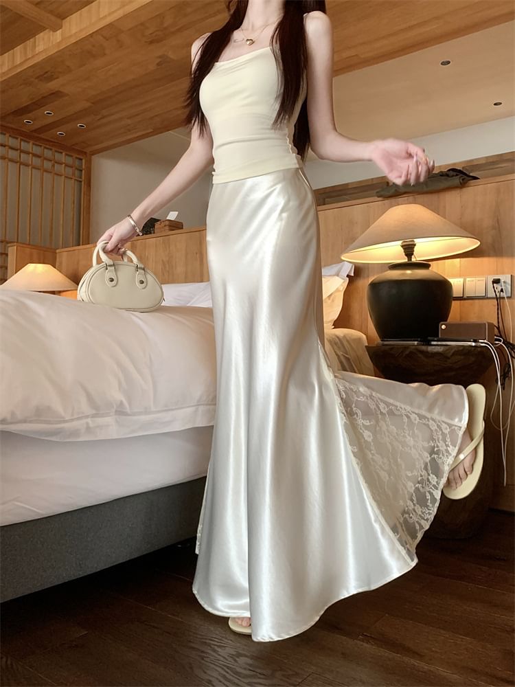Satin Fishtail Midi Skirt with Lace Panel and High Waist