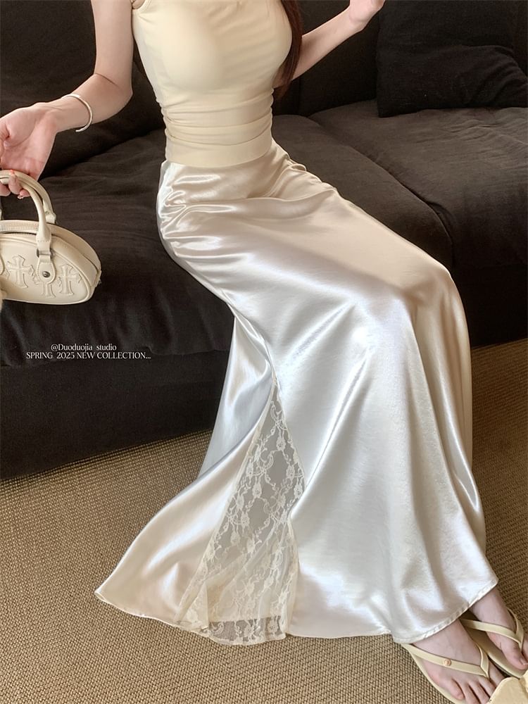 Satin Fishtail Midi Skirt with Lace Panel and High Waist