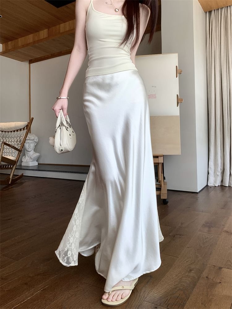 Satin Fishtail Midi Skirt with Lace Panel and High Waist