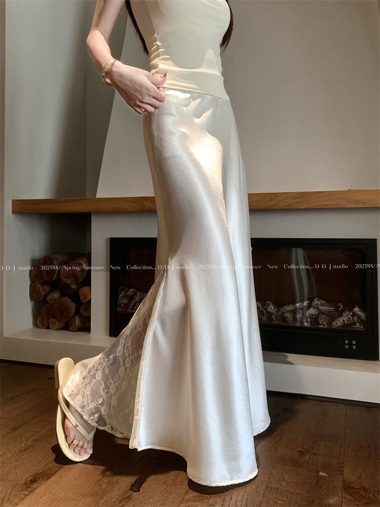 Satin Fishtail Midi Skirt with Lace Panel and High Waist