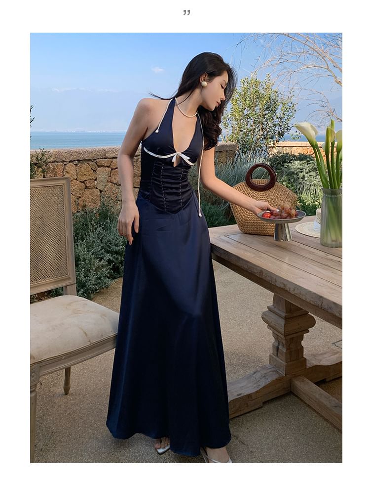 Cutout A-Line Maxi Dress - V-Neck Sleeveless Plain