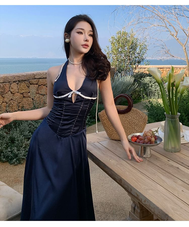 Cutout A-Line Maxi Dress - V-Neck Sleeveless Plain