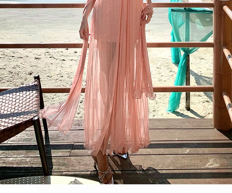 Sheer A-Line Maxi Dress - Spaghetti Strap