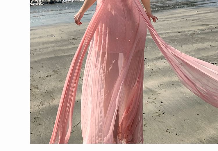 Sheer A-Line Maxi Dress - Spaghetti Strap