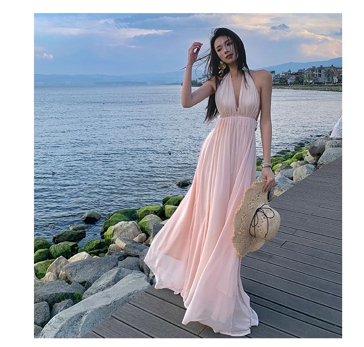 Plain A-Line Maxi Dress - V-Neck Sleeveless
