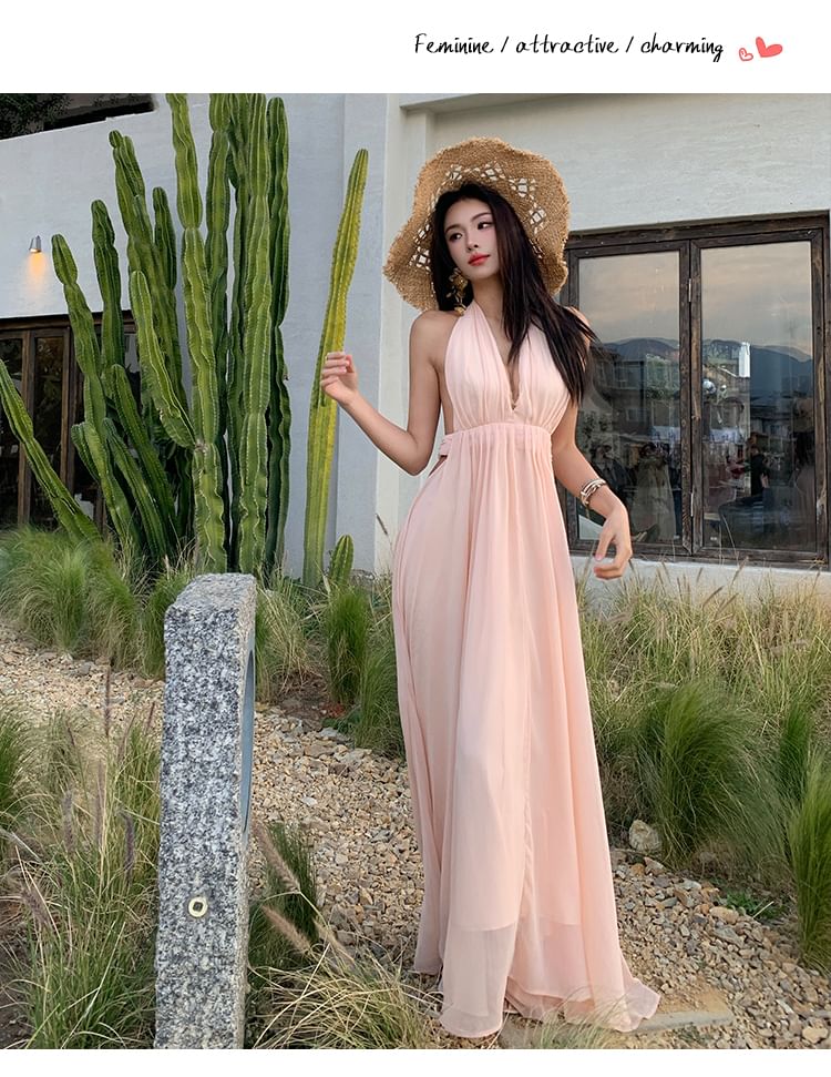 Plain A-Line Maxi Dress - V-Neck Sleeveless